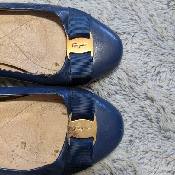 Salvatore Ferragamo Blue Ballet Flats Varina Leather Bow EU 40 US 10 - Picture 5 of 11